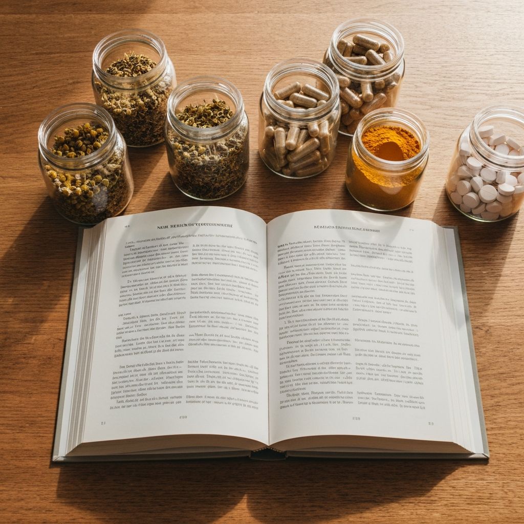 Offenes Referenzbuch mit Gläsern natürlicher Ergänzungsstoffe auf dem Tisch