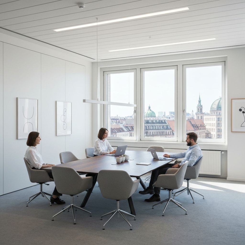 Professionelles Meetings-Zimmer in deutschem Büro mit Team in Diskussion